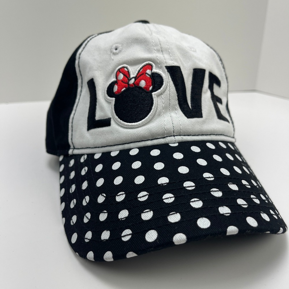 Disney Minnie Mouse Love Baseball Cap Black White Polka Dot Brim Strapback Hat